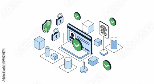 Cybersecurity and Digital Identity Verification Isometric Illustration - Data Protection, Biometric Security, and Privacy Concept