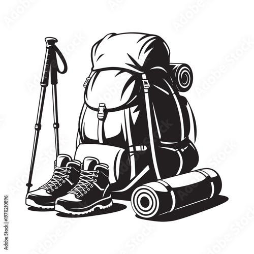 Vintage style illustration of hiking gear including backpack boots and poles