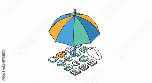 Cybersecurity Cloud Data Protection and Insurance Concept with Umbrella Shielding Digital Files and Locks in Isometric Style
