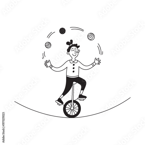A cheerful juggler balances on a unicycle with three balls