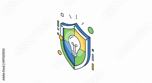 Intellectual Property Protection Icon - Isometric Shield with Lightbulb for Creative Patent, Idea Security, and Innovation Rights Concept