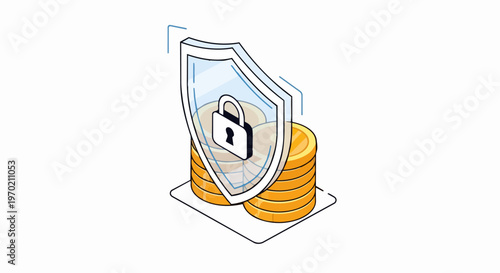 Financial Security Concept: Isometric Illustration of Gold Coins Protected by a Shield and Padlock for Safe Investment and Wealth Asset Protection
