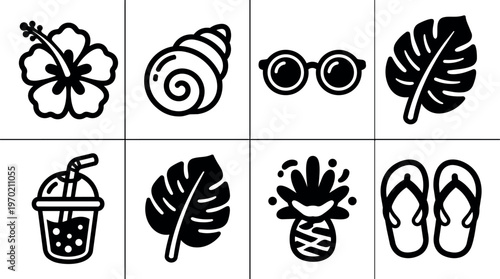 Black and white tropical icons set with flower shell sunglasses leaves drink pineapple flip flops