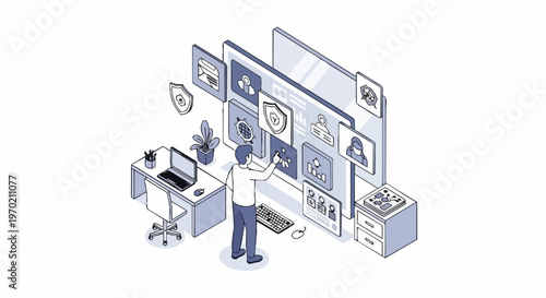 Isometric Illustration of a Businessman Managing Cybersecurity and Data Privacy on a Large Digital Dashboard Workspace