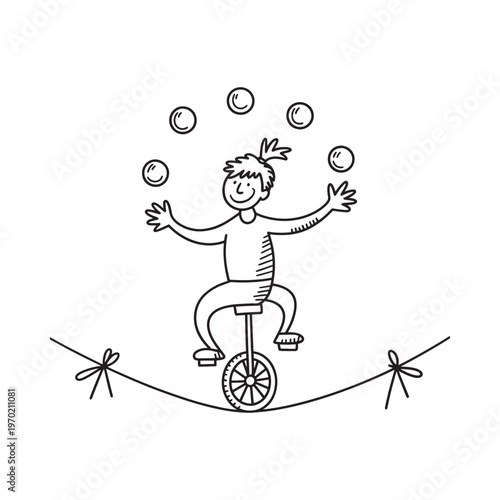 A doodle of a unicyclist juggling balls while balancing on a rope