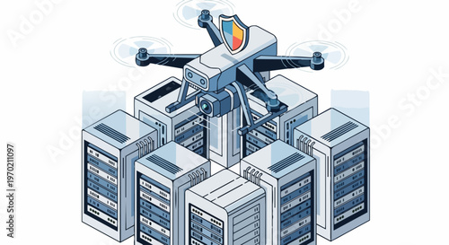 Cybersecurity Drone Protecting Data Center Server Racks: Isometric Vector Illustration for Automated Network Security and Cloud Storage Monitoring