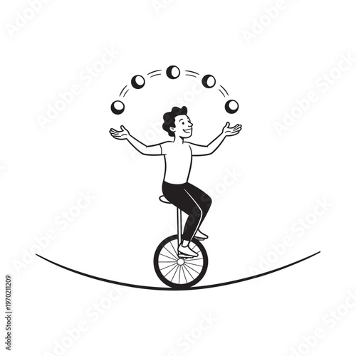 A cheerful juggler skillfully balances on a unicycle while tossing balls