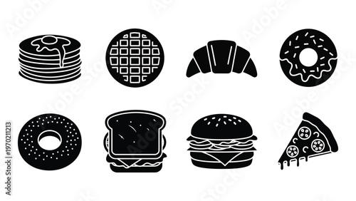 A collection of black silhouettes depicting various breakfast lunch and dessert food items including pastries and pizza silhouette high quality professional