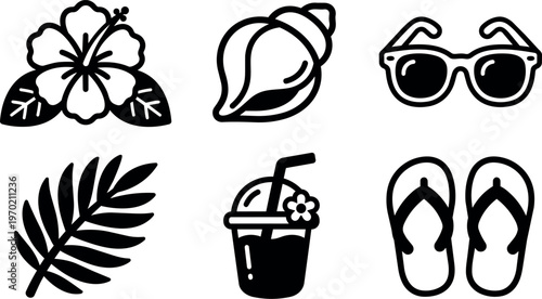 Black and white tropical summer icons with flower sea shell and sunglasses