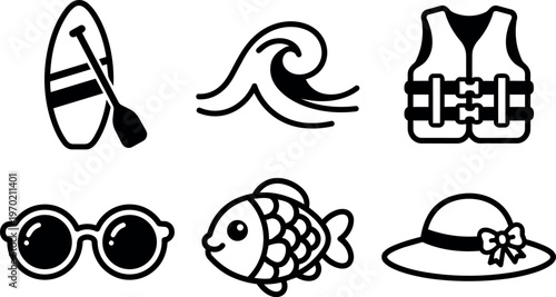 Black and white paddle board wave life vest sunglasses fish sun hat icons