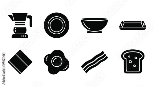A collection of black vector icons depicting breakfast food items and coffee service presented as a silhouette high quality professional detailed