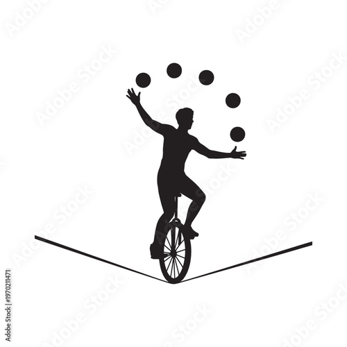 Silhouette of a performer juggling while balancing on a tightrope