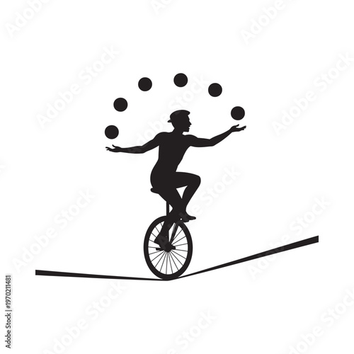 A silhouette of a unicyclist juggling multiple balls on a tightrope