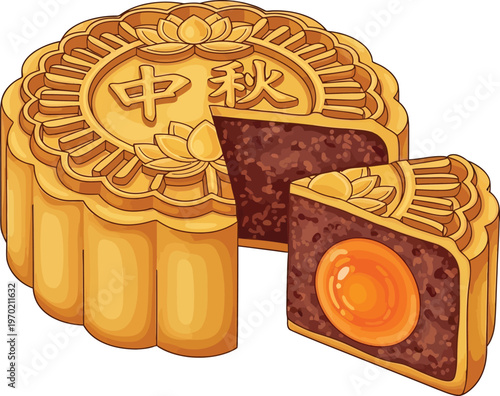 Traditional Chinese mooncake intricately decorated with a slice cut out revealing rich filling and salted egg yolk symbolizing the Mid-Autumn Festival