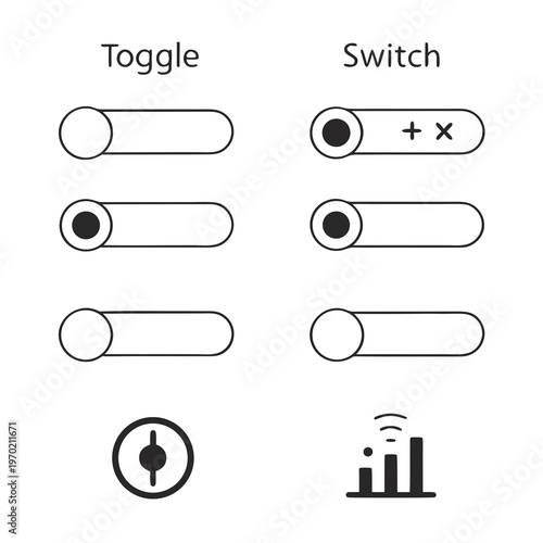 Electronic switches and toggle buttons on white background flat line circuit electronics