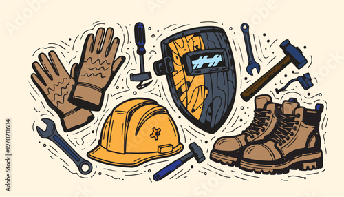 Industrial safety gear and construction tools doodle including helmet gloves and footwear.