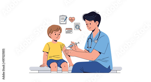 A male doctor administers an injection to a young boy's arm while he sits on a white bench.