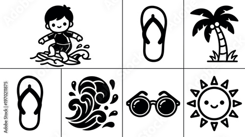 Boy surfing waves flip flops palm tree sunglasses and sun icons