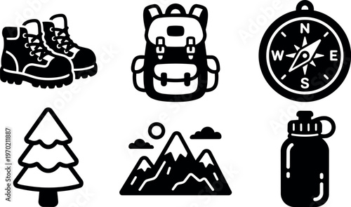 Black hiking boots backpack compass tree mountain and water bottle icons