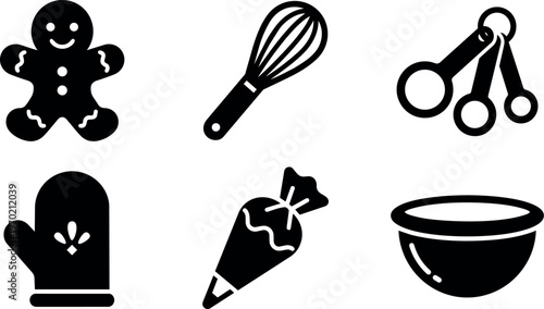 Black and white kitchen baking icons set with gingerbread whisk and mitt