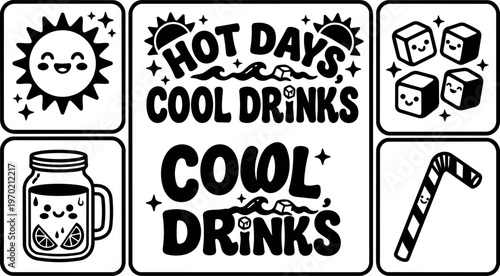 Hot days cool drinks lettering with sun ice cubes and lemonade jar vector art