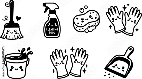 Cute black and white cleaning tools with happy faces vector art