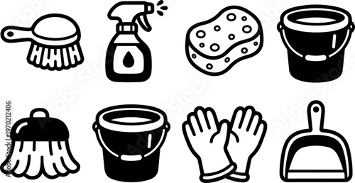 Black and white cleaning supplies brush spray sponge bucket gloves dustpan vector art