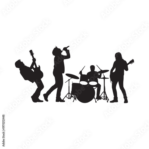 Silhouetted band performing on stage featuring a singer and musicians