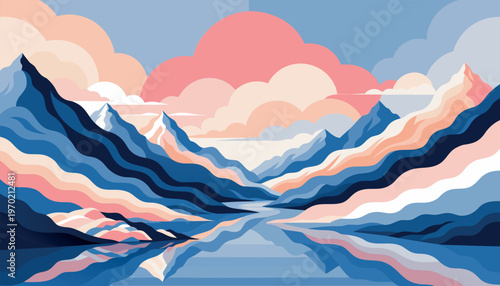 Serene mountain valley landscape with winding river and pink clouds in flat vector art style