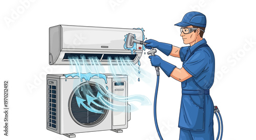 A cartoon-style vector illustration depicts an air conditioning technician in uniform using an AC washer to perform maintenance and repair on an air conditioner system against a clean white