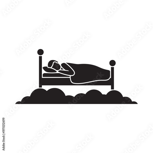 Simple black silhouette depicting a person sleeping peacefully in a bed