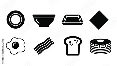 A collection of black and white breakfast and dining ware icons including food and dishware in silhouette high quality professional detailed