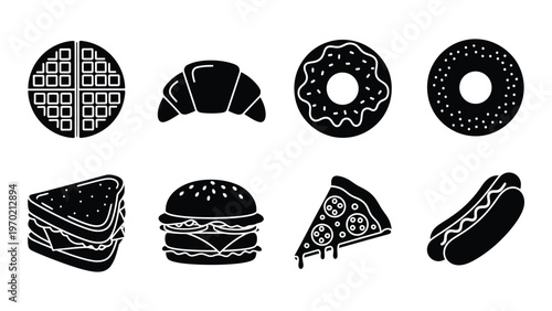 A collection of stylized black silhouettes depicting various breakfast lunch and snack food items silhouette high quality professional detailed modern elegant