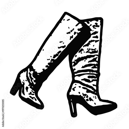 Chic black and white illustration of fashionable tall boots in a walking pose