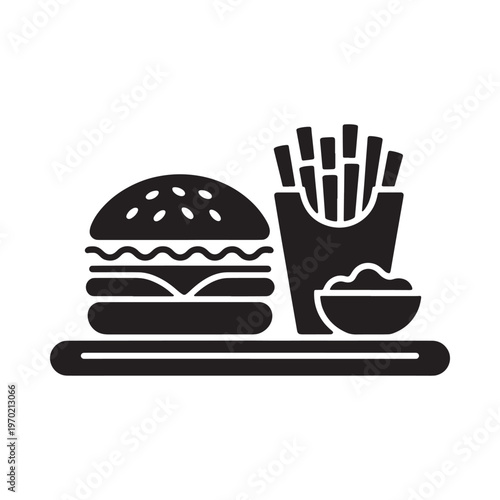 Simple black silhouette of a burger fries and dipping sauce