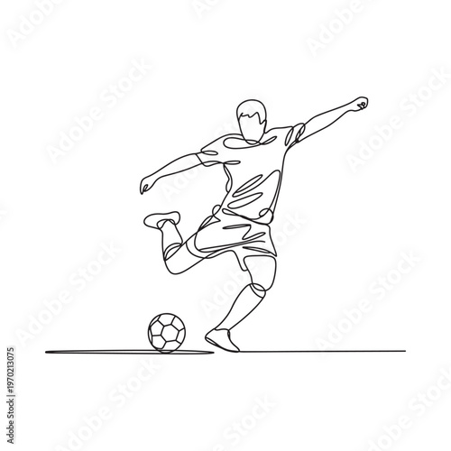 Continuous line drawing of a soccer player kicking a ball