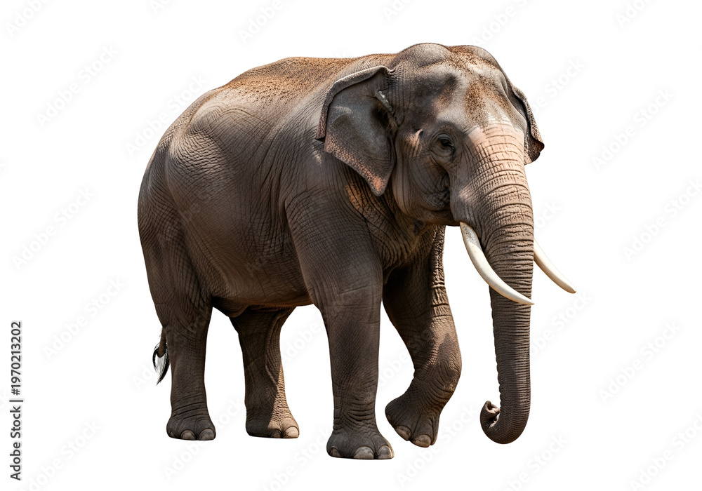 Fototapeta premium A full shot of an elephant, standing majestically against a stark black backdrop, showcasing its intricate skin texture and ivory tusks.