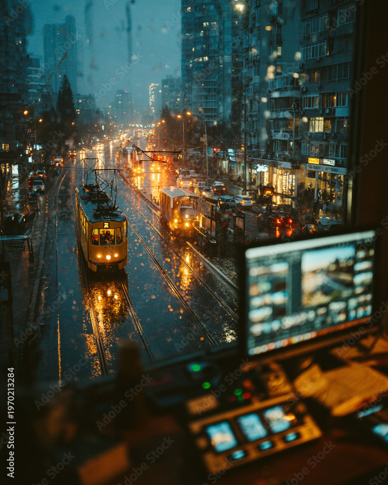 Obraz premium Urban Nighttime Tram Scene with Reflections and Rainy Ambiance Viewed from Office with Screens and Cityscape Background