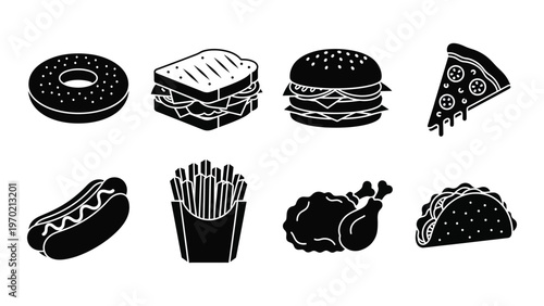 A collection of fast food items including burgers pizza hotdogs and tacos depicted in a bold silhouette high quality professional detailed