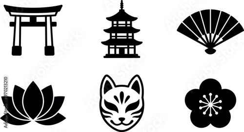 Black silhouette icons of torii gate pagoda fan lotus fox mask and plum flower