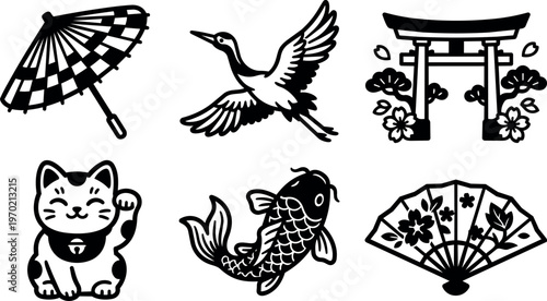 Black and white japanese cultural icons including torii crane koi cat umbrella and fan vector art