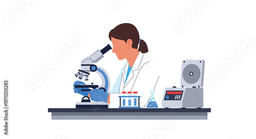 A female scientist in a lab coat looks through a microscope on a grey lab bench with various equipment.