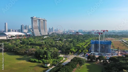 Marina bay, Singapore: Aerial view of famous island country and city-state - landscape panorama of Southeast Asia from above
