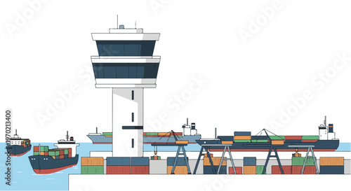 A minimal flat vector illustration of a port control tower monitoring ships and cargo movement, featuring a modern industrial concept, simple shapes, and a white background.