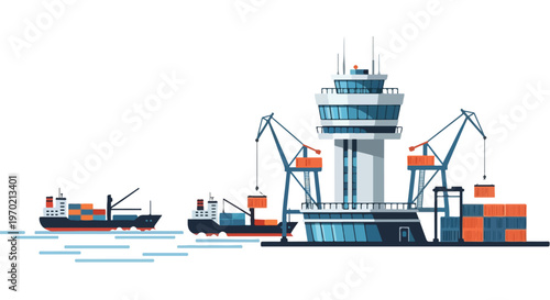 A minimal flat vector artwork depicting a port control tower supervising vessel and cargo activity, designed with simple shapes, a modern industrial concept, and a clean white background.