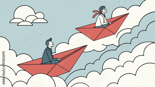 men on origami red paper boats floating in the cloudy sky,illustration painting
