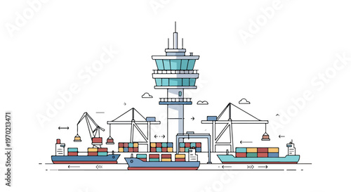 Minimal flat vector illustration of port control tower monitoring ships and cargo movement, modern industrial concept, simple shapes, white background