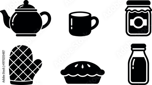 Black teapot mug oven glove jam jar pie and milk bottle icons