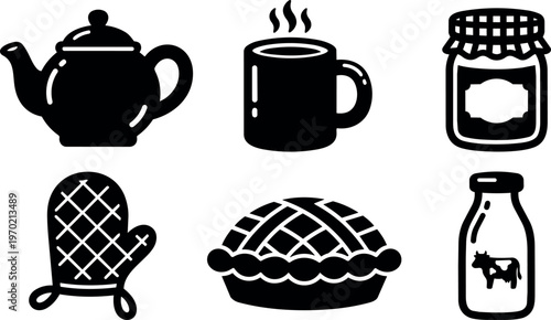 Black and white kitchen icons teapot mug jar oven mitt pie and milk bottle