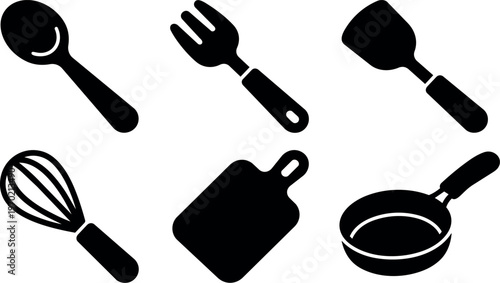 Black kitchen utensil icons including spoon fork spatula whisk cutting board and frying pan